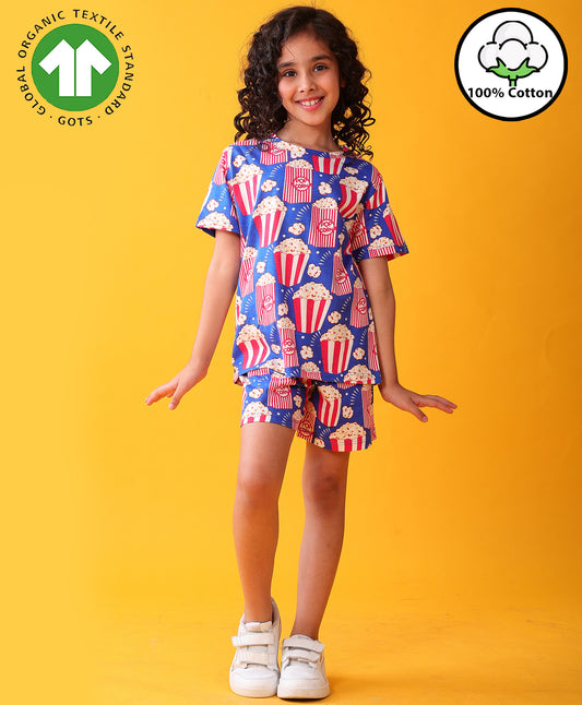 POPCORN MOVIE TIME GIRLS T-SHIRT SHORT SET - BLUE