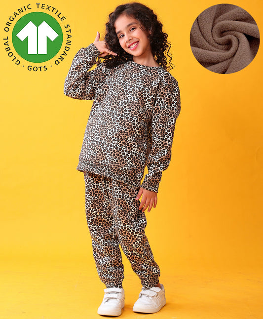 LEOPARD FLEECE GIRLS SWEATSHIRT JOGGER SET - BROWN