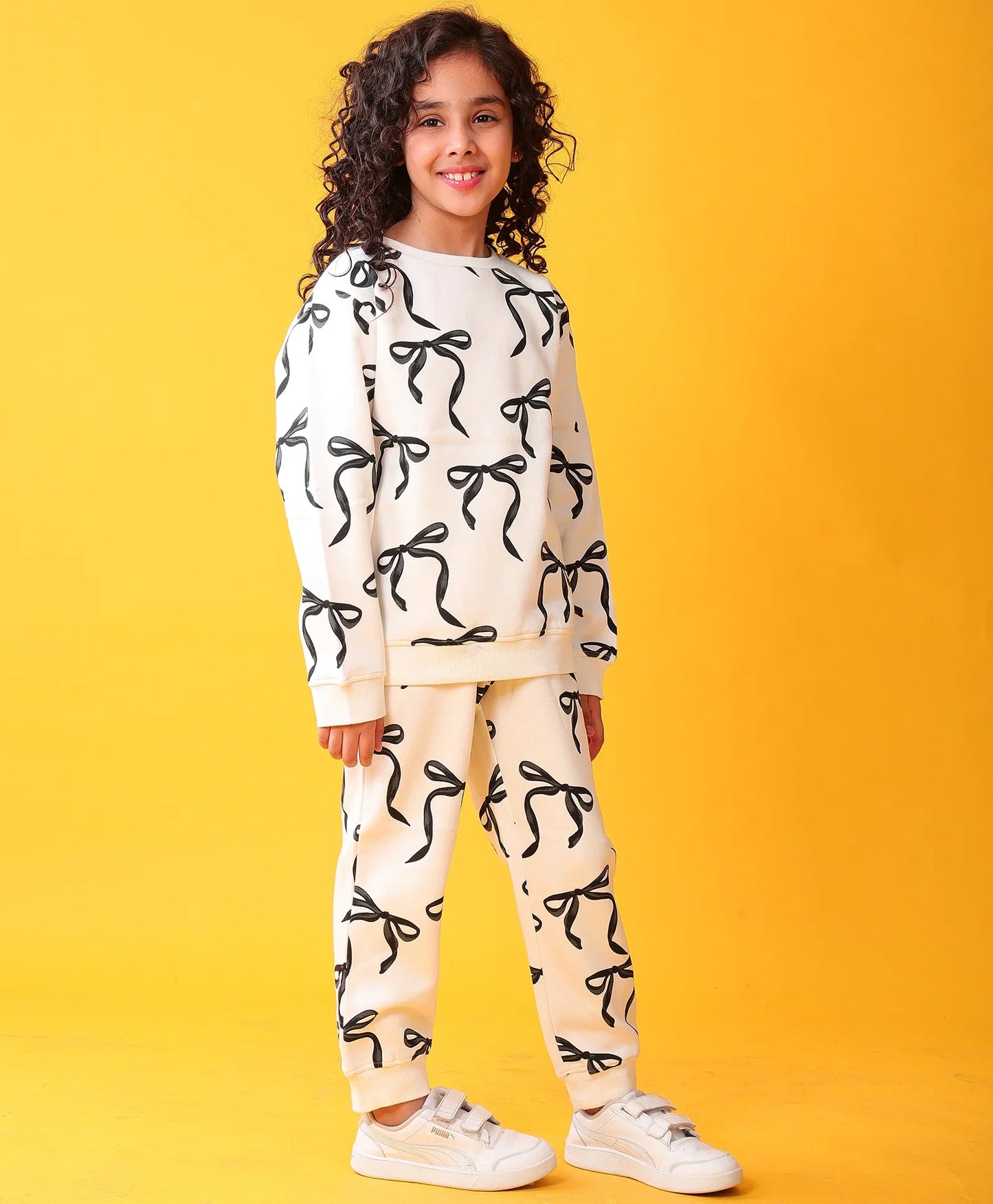 BLACK BOW GIRLS SWEATSHIRT FLEECE JOGGER SET - WHITE
