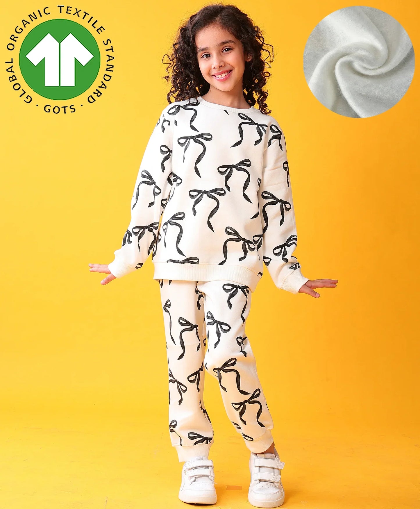 BLACK BOW GIRLS SWEATSHIRT FLEECE JOGGER SET - WHITE