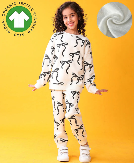 BLACK BOW GIRLS SWEATSHIRT FLEECE JOGGER SET - WHITE