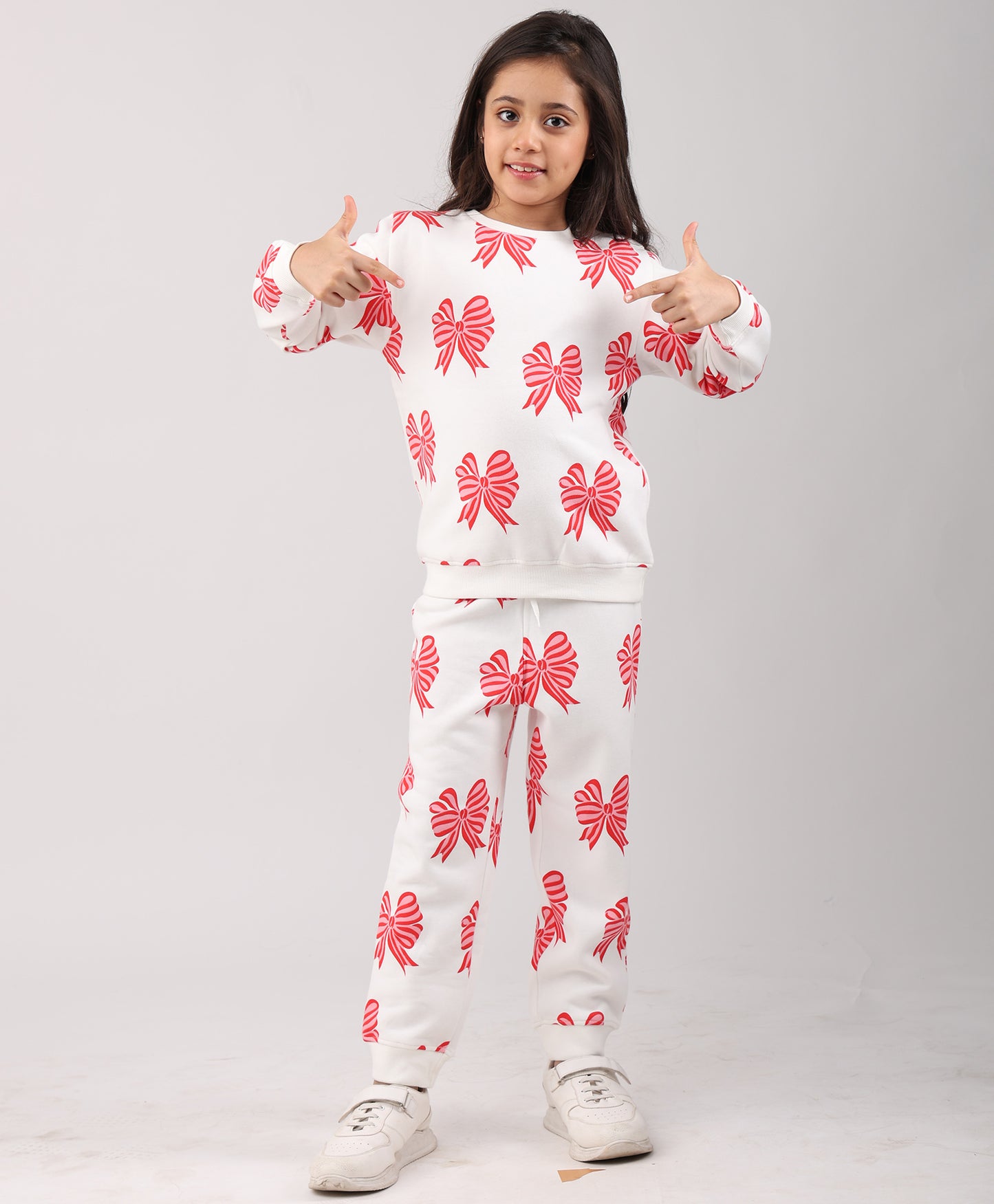 PINK BOW GIRLS SWEATSHIRT FLEECE JOGGER SET - WHITE