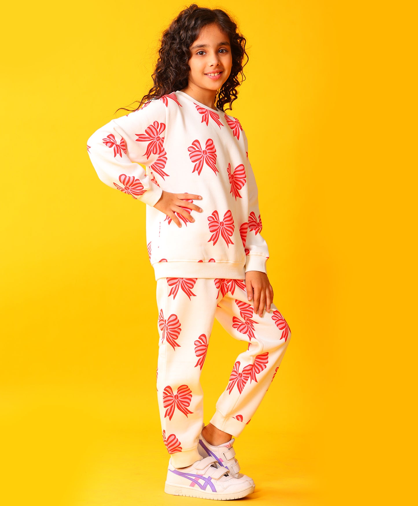 PINK BOW GIRLS SWEATSHIRT FLEECE JOGGER SET - WHITE
