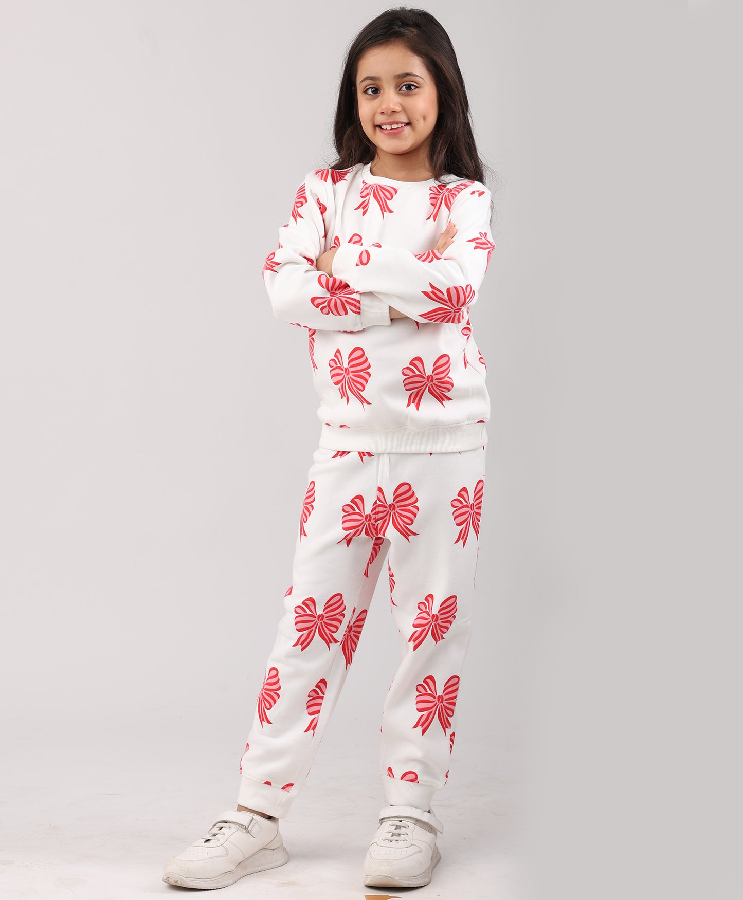PINK BOW GIRLS SWEATSHIRT FLEECE JOGGER SET - WHITE