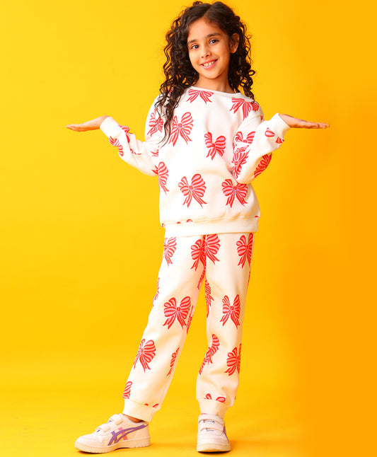 PINK BOW GIRLS SWEATSHIRT FLEECE JOGGER SET - WHITE