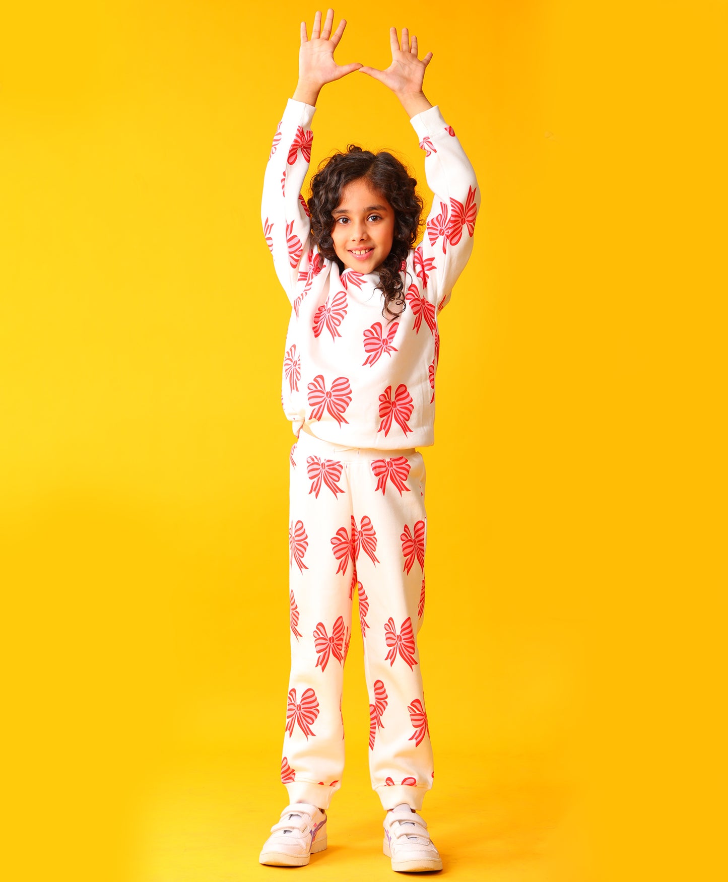 PINK BOW GIRLS SWEATSHIRT FLEECE JOGGER SET - WHITE