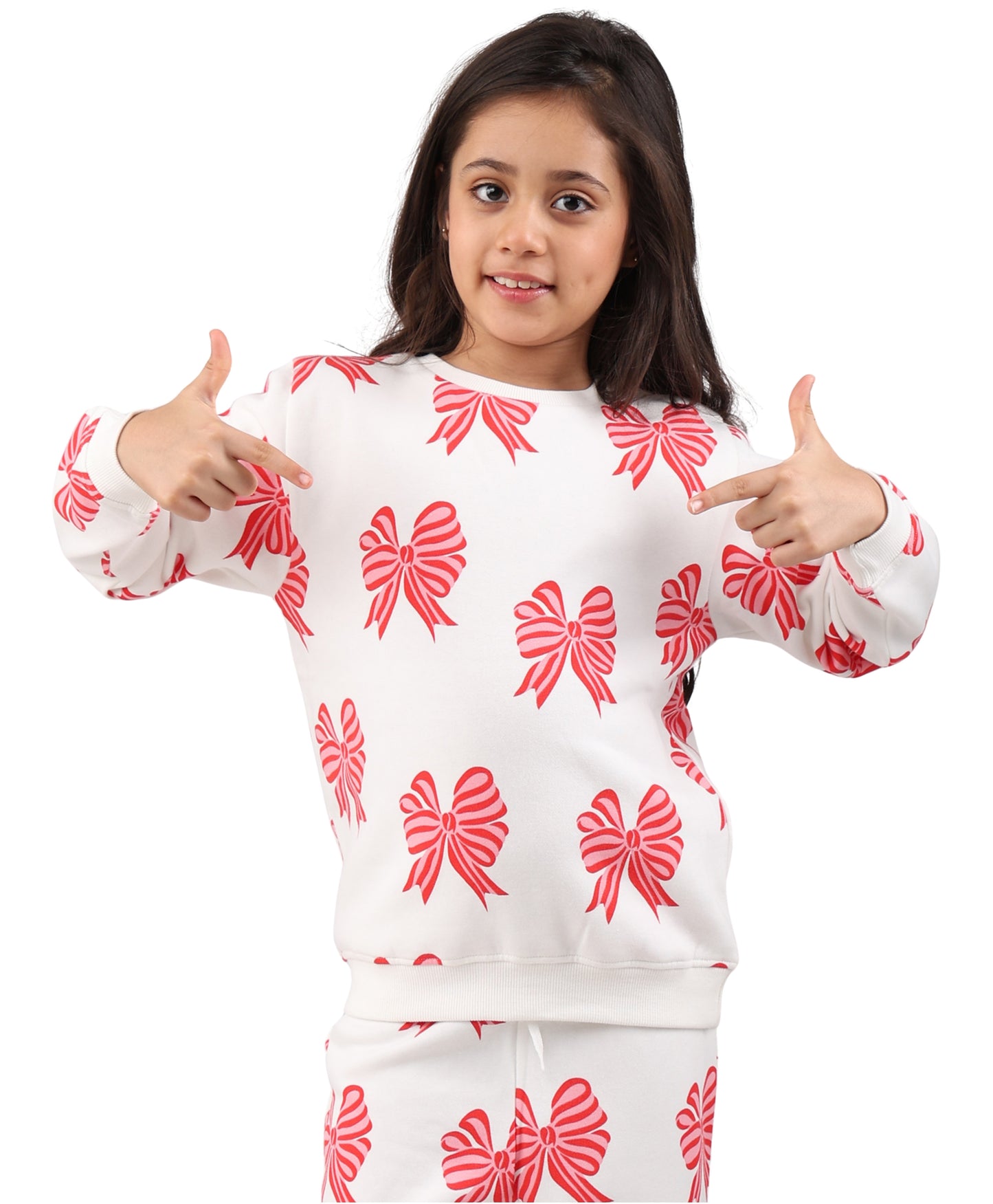 PINK BOW FLEECE GIRLS SWEATSHIRT - OFF WHITE