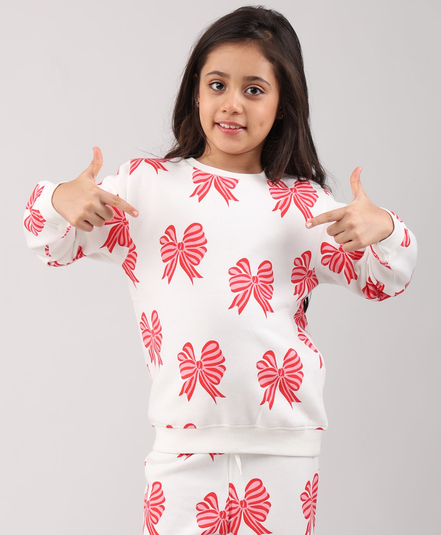 PINK BOW FLEECE GIRLS SWEATSHIRT - OFF WHITE