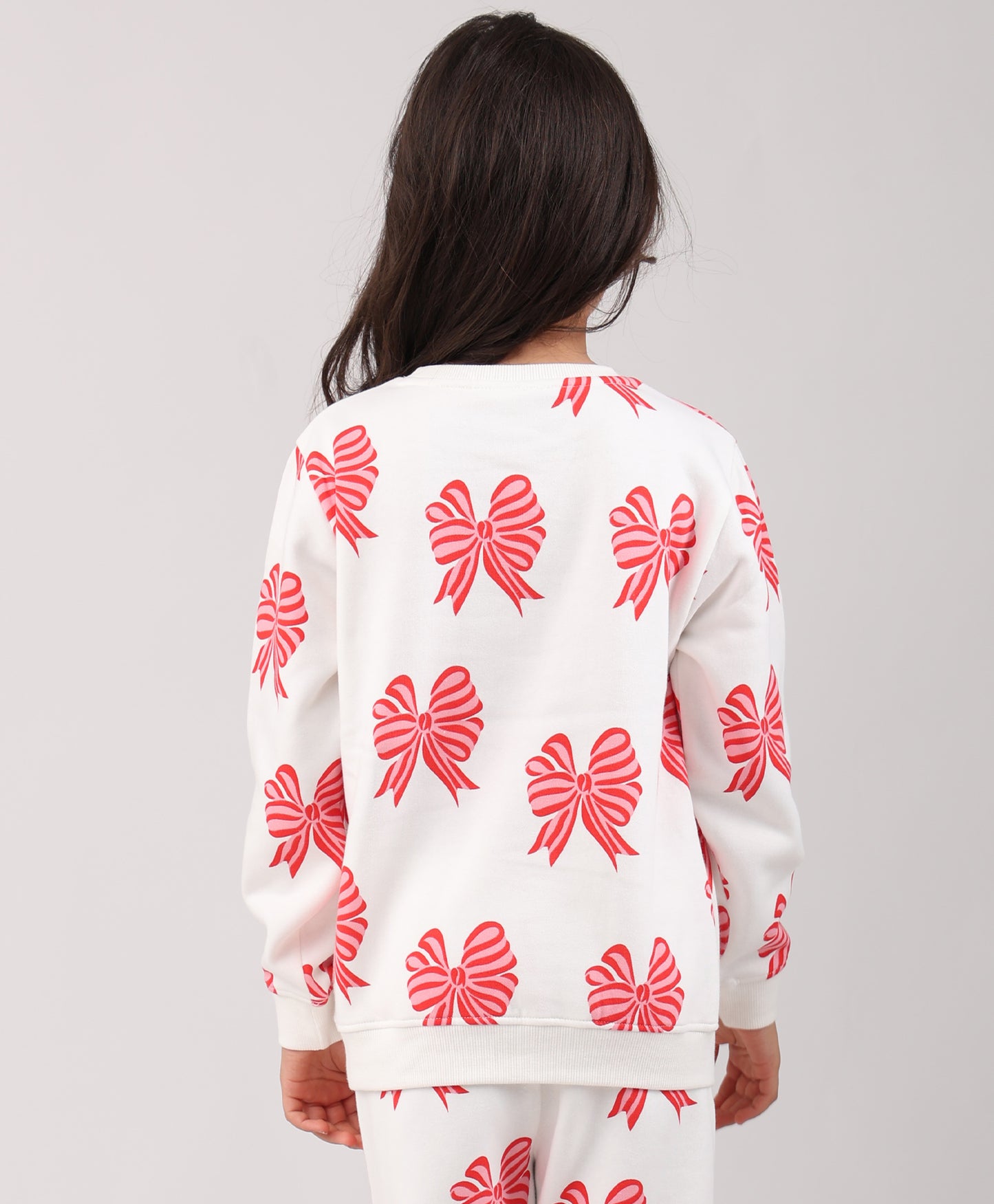 PINK BOW FLEECE GIRLS SWEATSHIRT - OFF WHITE