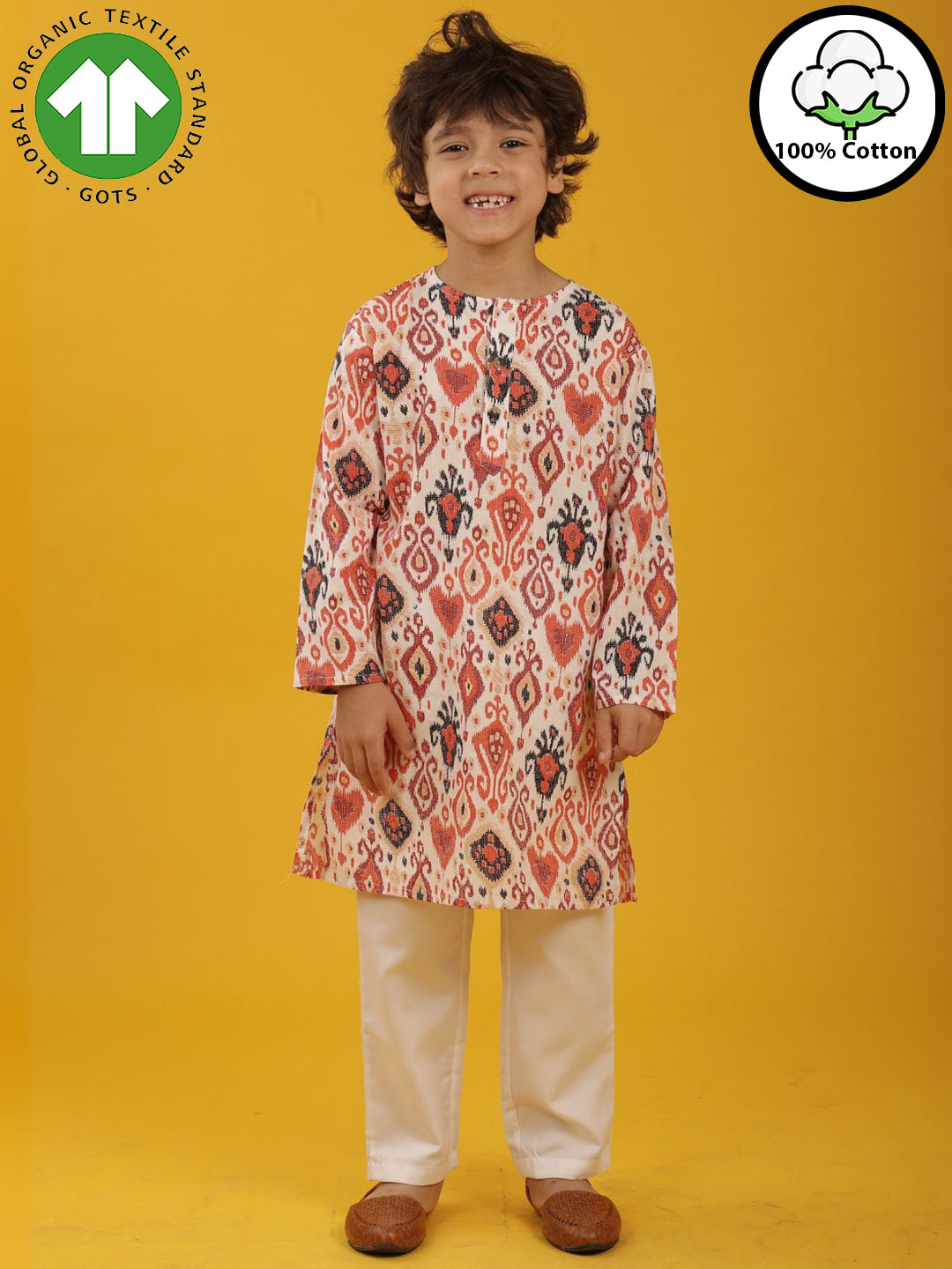 MULTICOLOR FLORAL PRINT PURE COTTON KURTA PYJAMA SET - WHITE