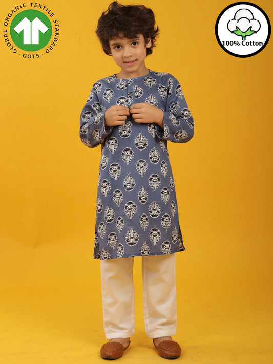 GREY BLUE FLORAL PRINT PURE COTTON KURTA PYJAMA SET - BLUE
