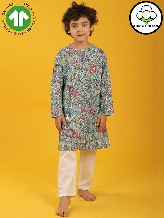 SKY BLUE FLORAL PRINT PURE COTTON KURTA PYJAMA SET - SKY BLUE