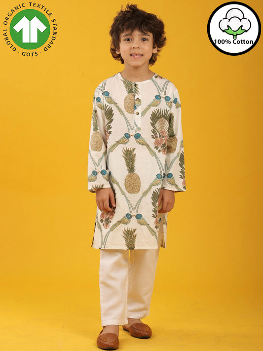 PINEAPPLE PRINT PURE COTTON KURTA PYJAMA SET - WHITE