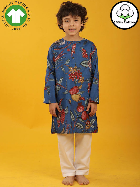 FESTIVE BLUE PRINT PURE COTTON KURTA PYJAMA SET - BLUE