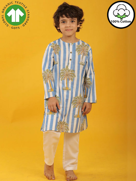 STRIPED FLORAL TREE PRINT PURE COTTON KURTA PYJAMA SET - WHITE