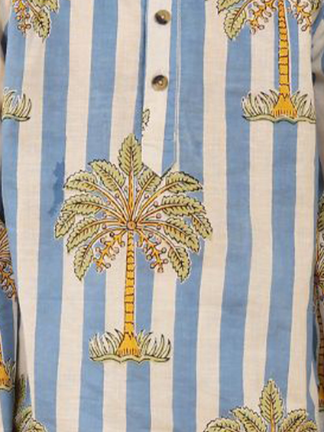 STRIPED FLORAL TREE PRINT PURE COTTON KURTA PYJAMA SET - WHITE
