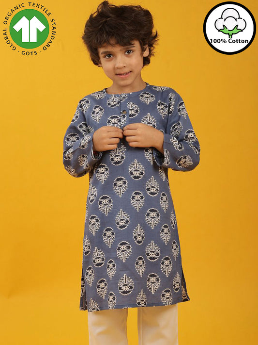 GREY BLUE FLORAL PRINT PURE COTTON KURTA - BLUE