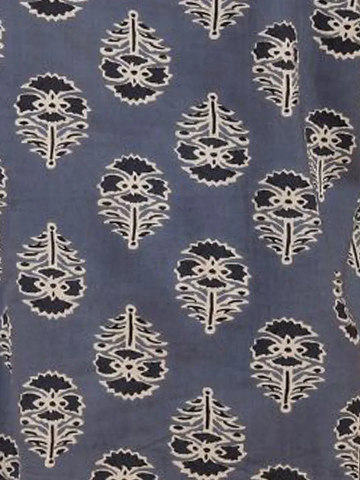 GREY BLUE FLORAL PRINT PURE COTTON KURTA - BLUE