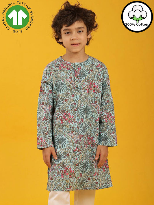 SKY BLUE FLORAL PRINT PURE COTTON KURTA - SKY BLUE