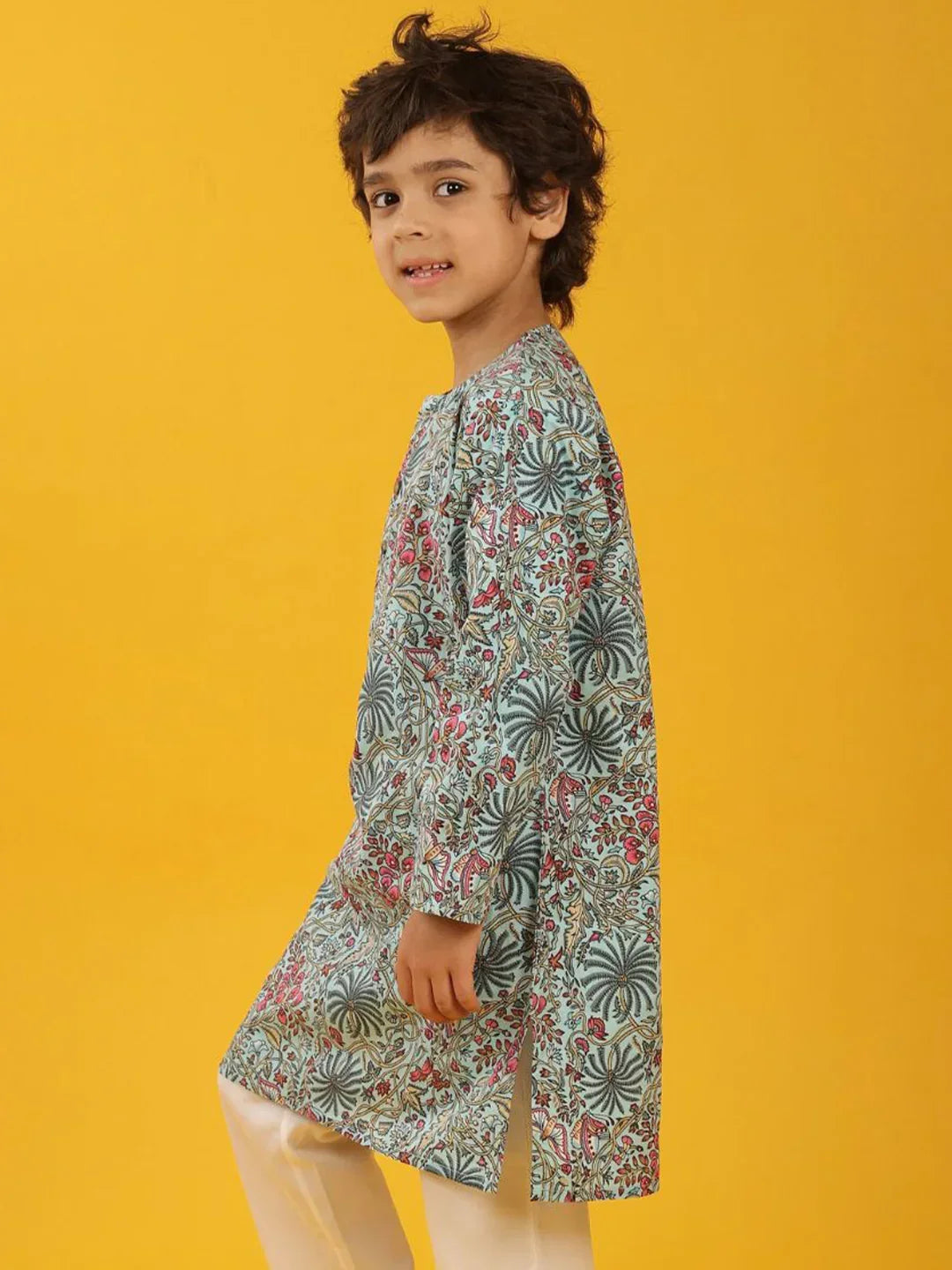 SKY BLUE FLORAL PRINT PURE COTTON KURTA - SKY BLUE - Anthrilo 