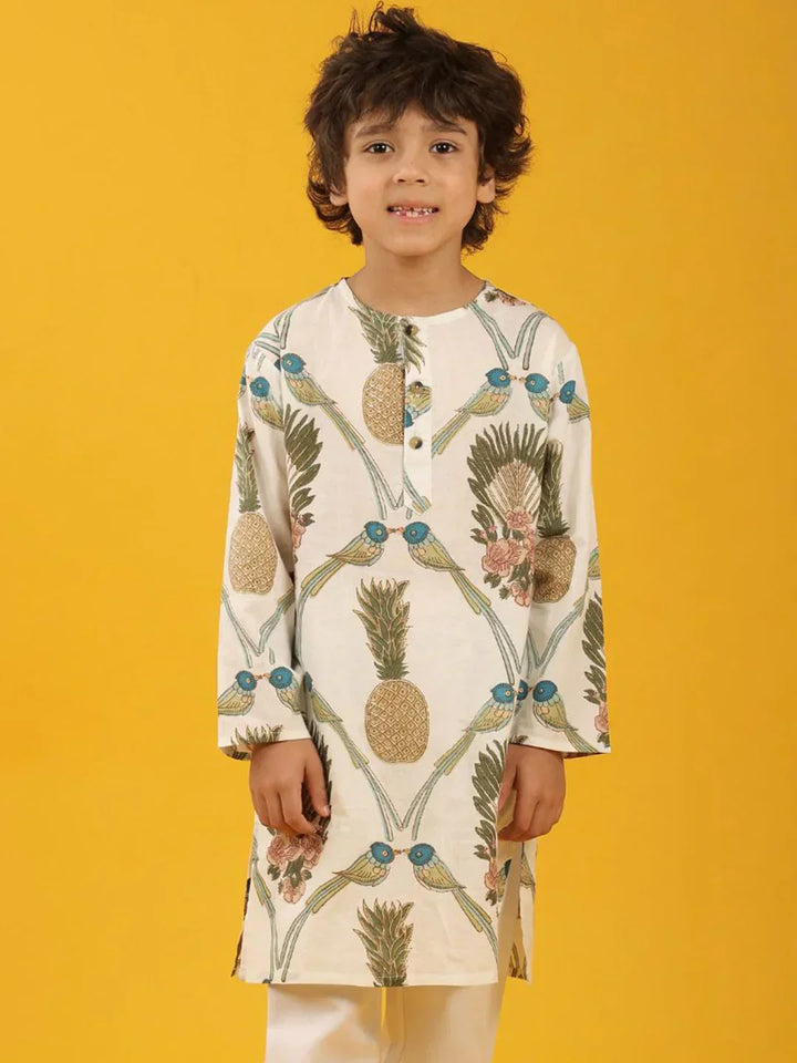 PINEAPPLE PRINT PURE COTTON KURTA - WHITE - Anthrilo 