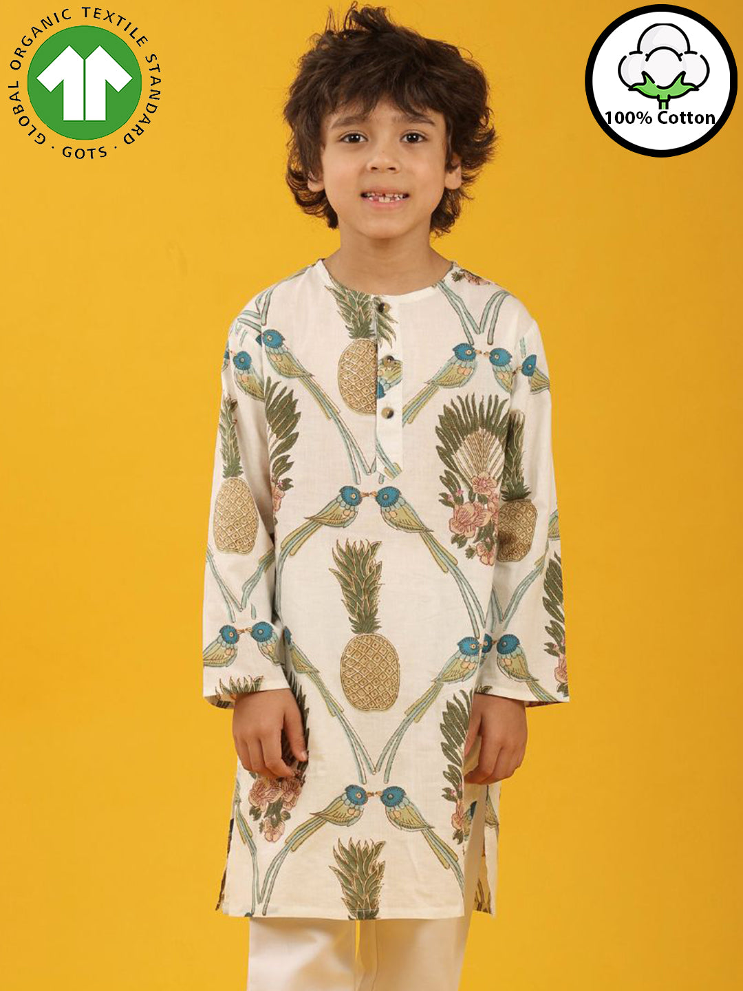 PINEAPPLE PRINT PURE COTTON KURTA - WHITE
