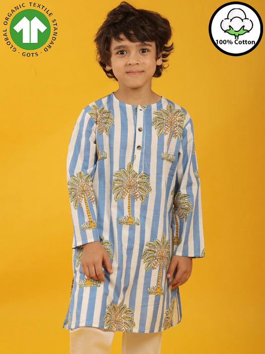 STRIPED FLORAL TREE PRINT PURE COTTON KURTA - WHITE