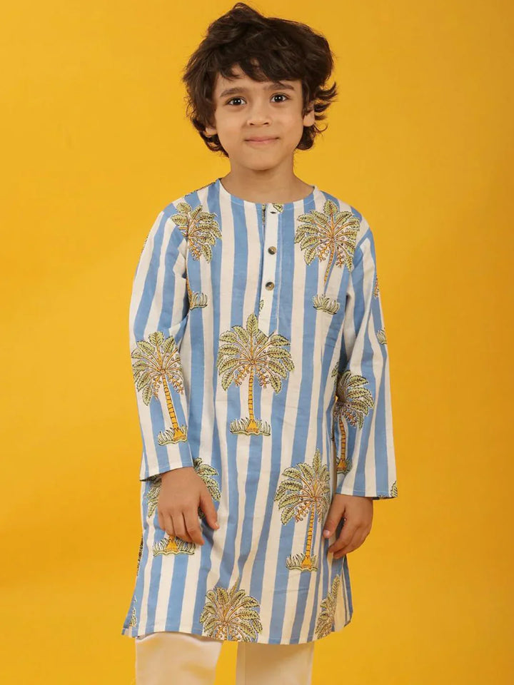 STRIPED FLORAL TREE PRINT PURE COTTON KURTA - WHITE - Anthrilo 