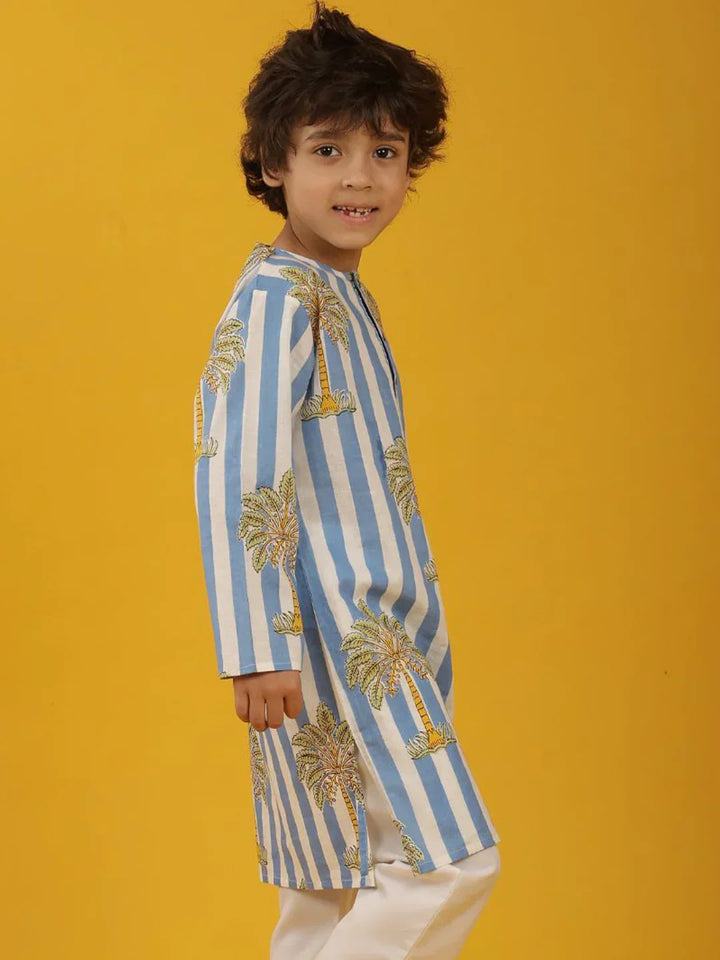 STRIPED FLORAL TREE PRINT PURE COTTON KURTA - WHITE - Anthrilo 