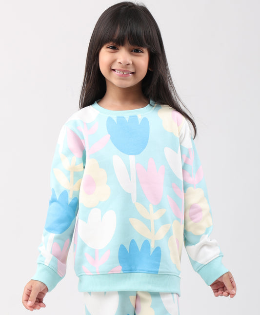 AQUA FLOWER GIRLS FLEECE SWEATSHIRT - AQUA