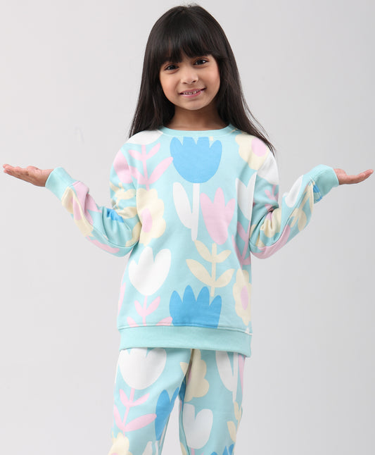 AQUA FLOWER GIRLS FLEECE SWEATSHIRT - AQUA