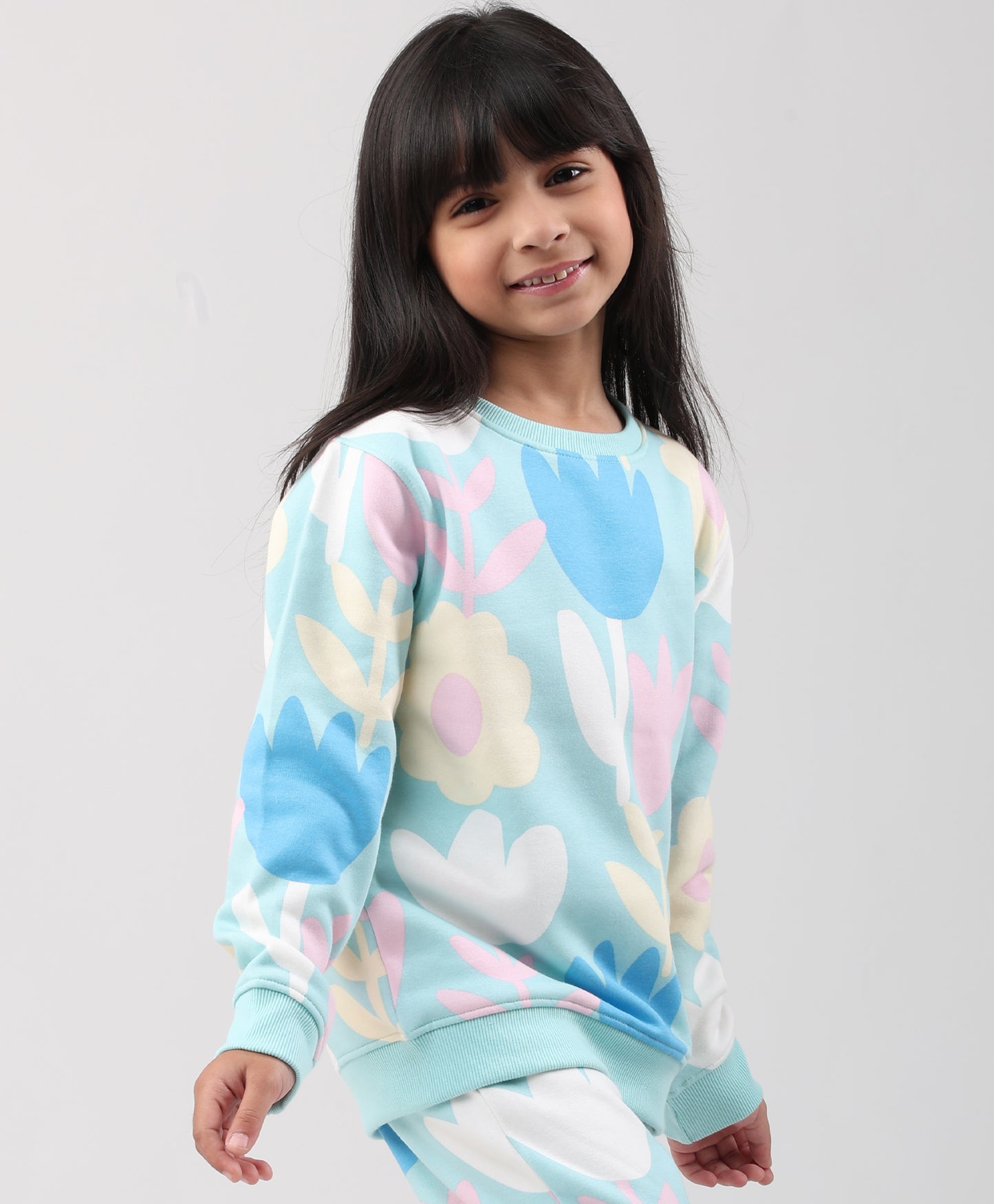 AQUA FLOWER GIRLS FLEECE SWEATSHIRT - AQUA