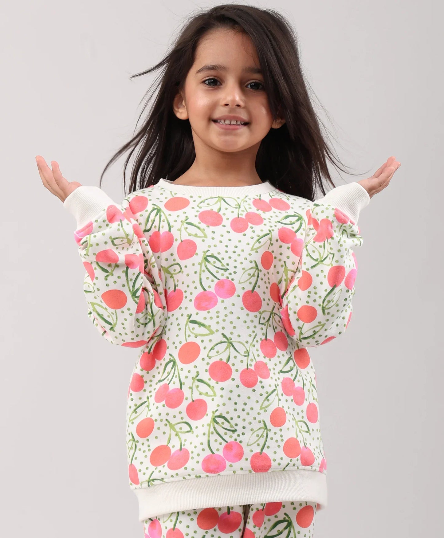 DOTTED CHERRY FLEECE GIRLS SWEATSHIRT - OFF WHITE