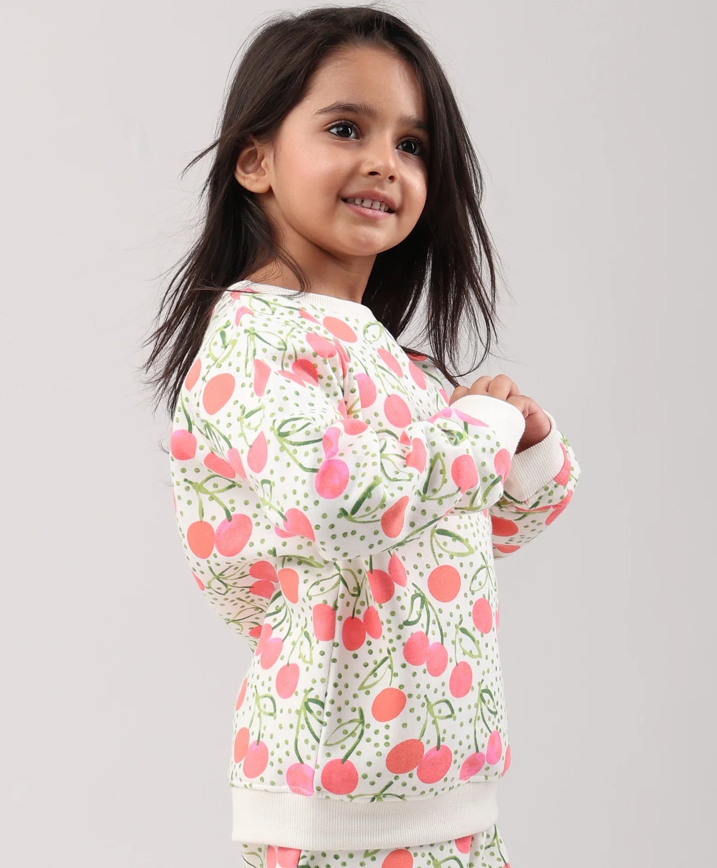 DOTTED CHERRY FLEECE GIRLS SWEATSHIRT - OFF WHITE