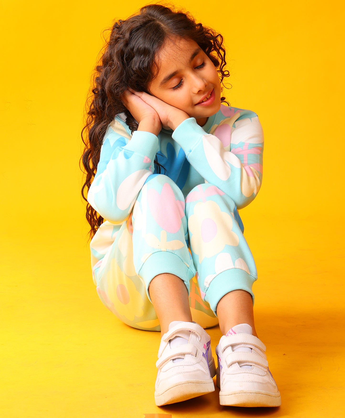 AQUA FLOWER FLEECE GIRLS SWEATSHIRT JOGGER SET - AQUA