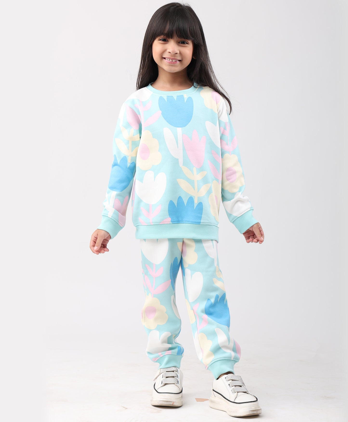 AQUA FLOWER FLEECE GIRLS SWEATSHIRT JOGGER SET - AQUA