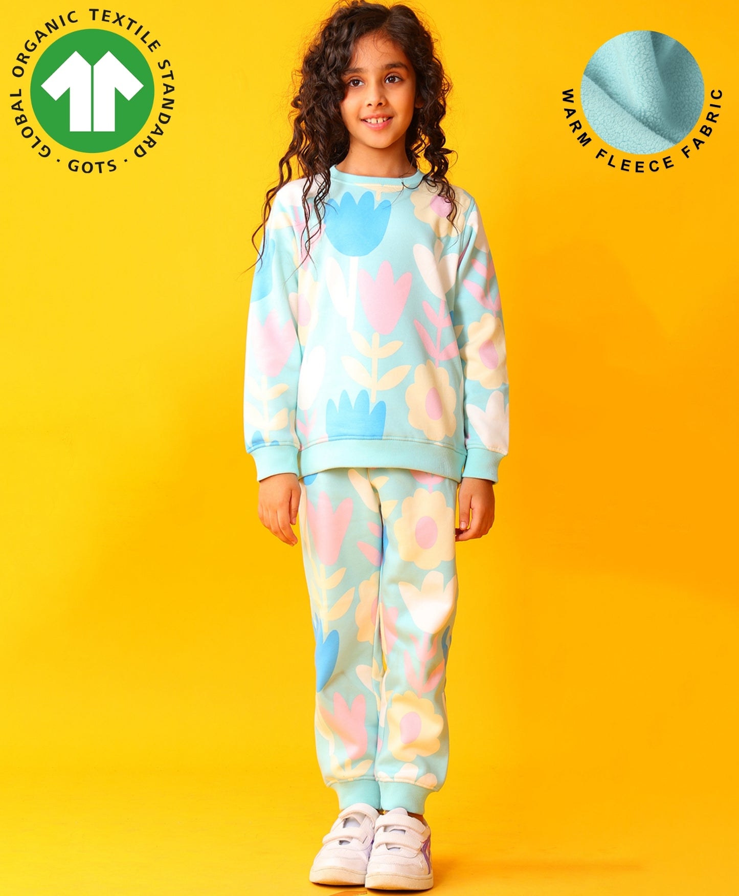 AQUA FLOWER FLEECE GIRLS SWEATSHIRT JOGGER SET - AQUA