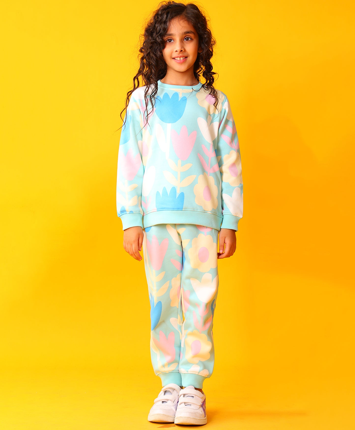 AQUA FLOWER FLEECE GIRLS SWEATSHIRT JOGGER SET - AQUA