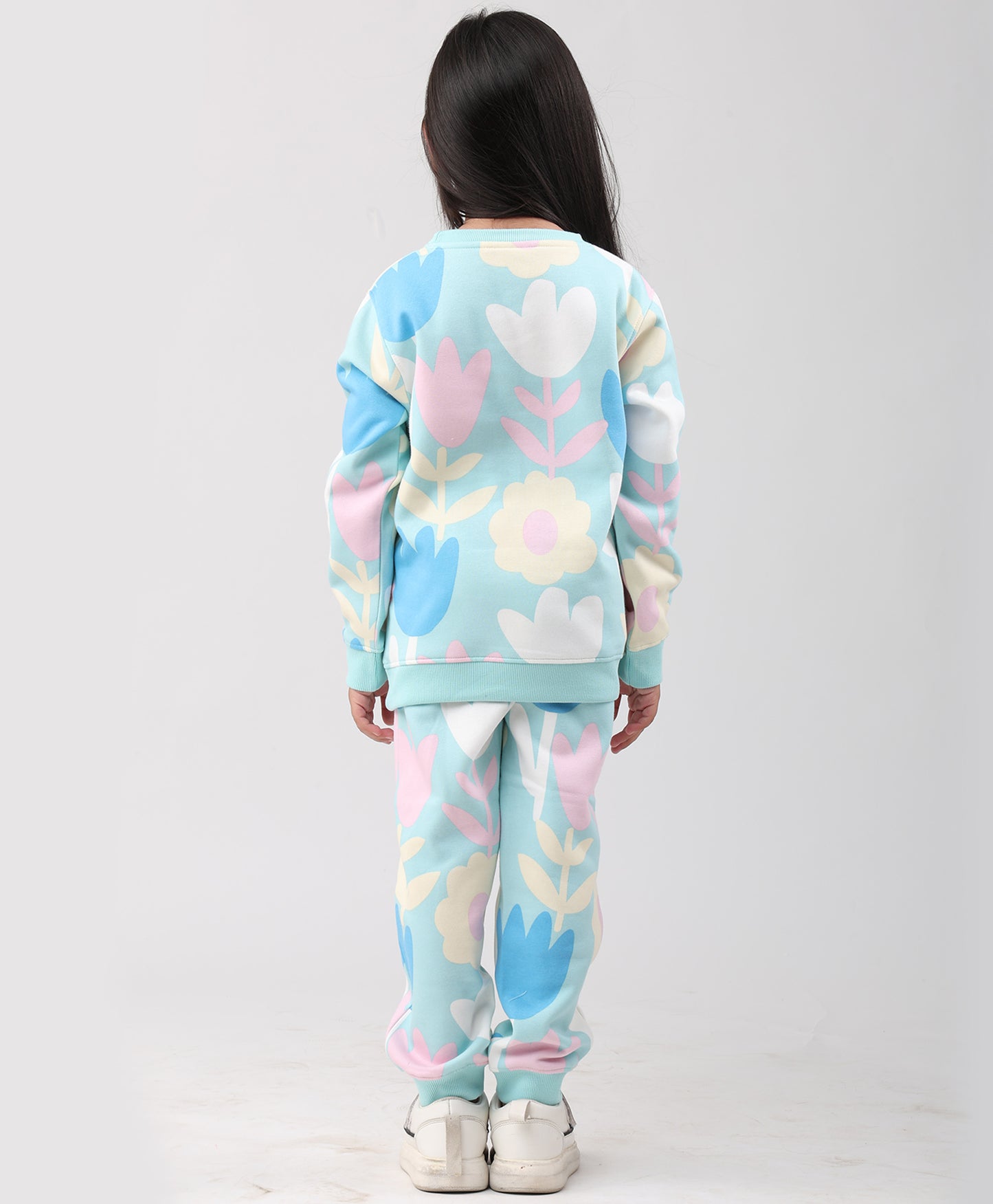 AQUA FLOWER FLEECE GIRLS SWEATSHIRT JOGGER SET - AQUA