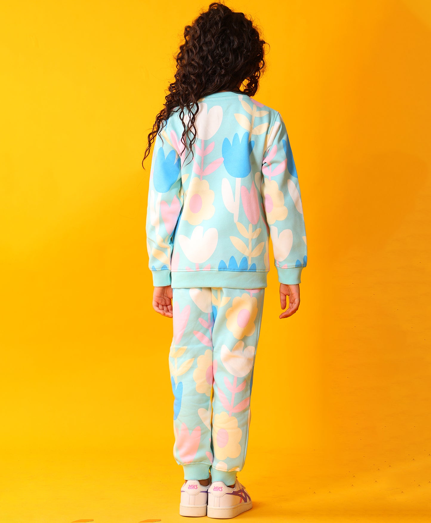 AQUA FLOWER FLEECE GIRLS SWEATSHIRT JOGGER SET - AQUA