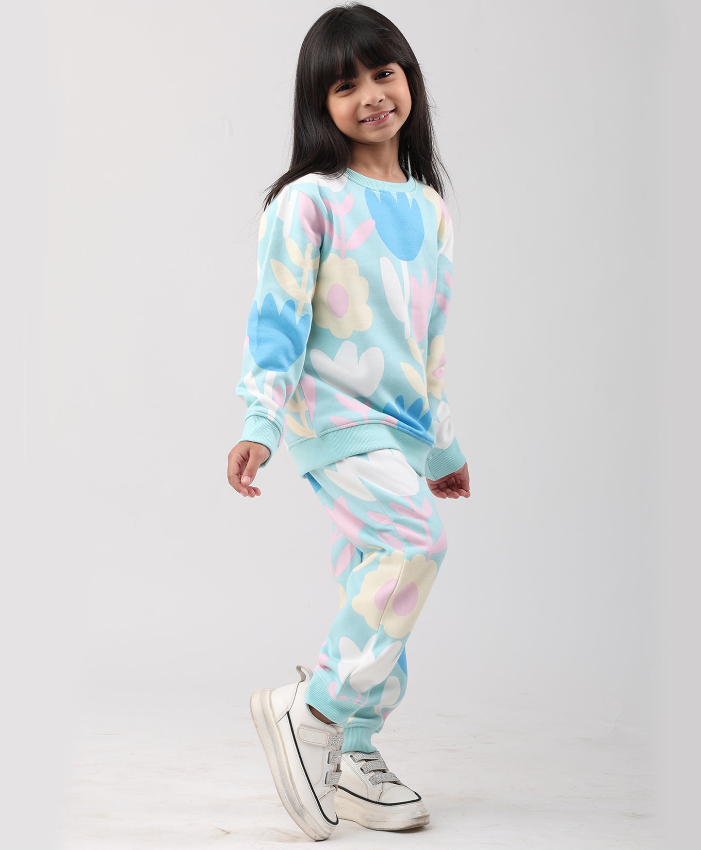 AQUA FLOWER FLEECE GIRLS SWEATSHIRT JOGGER SET - AQUA