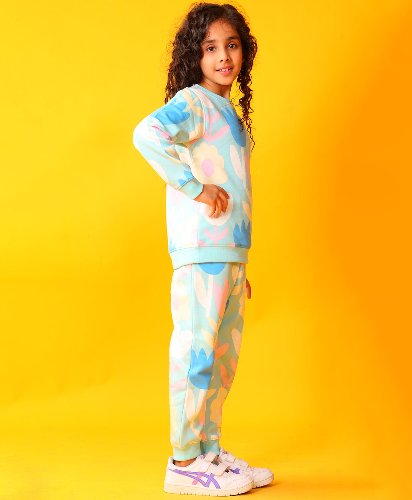 AQUA FLOWER FLEECE GIRLS SWEATSHIRT JOGGER SET - AQUA