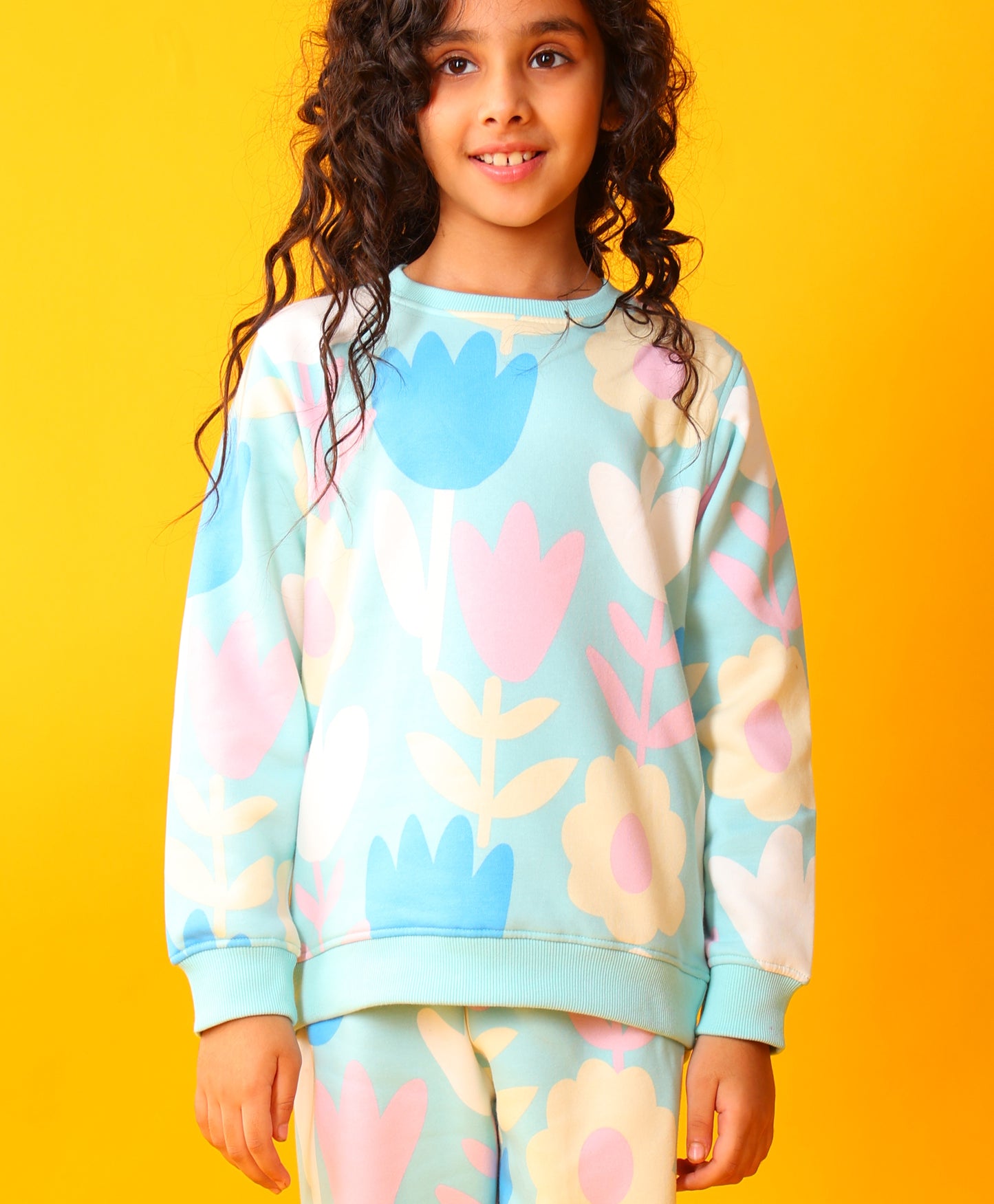 AQUA FLOWER FLEECE GIRLS SWEATSHIRT JOGGER SET - AQUA