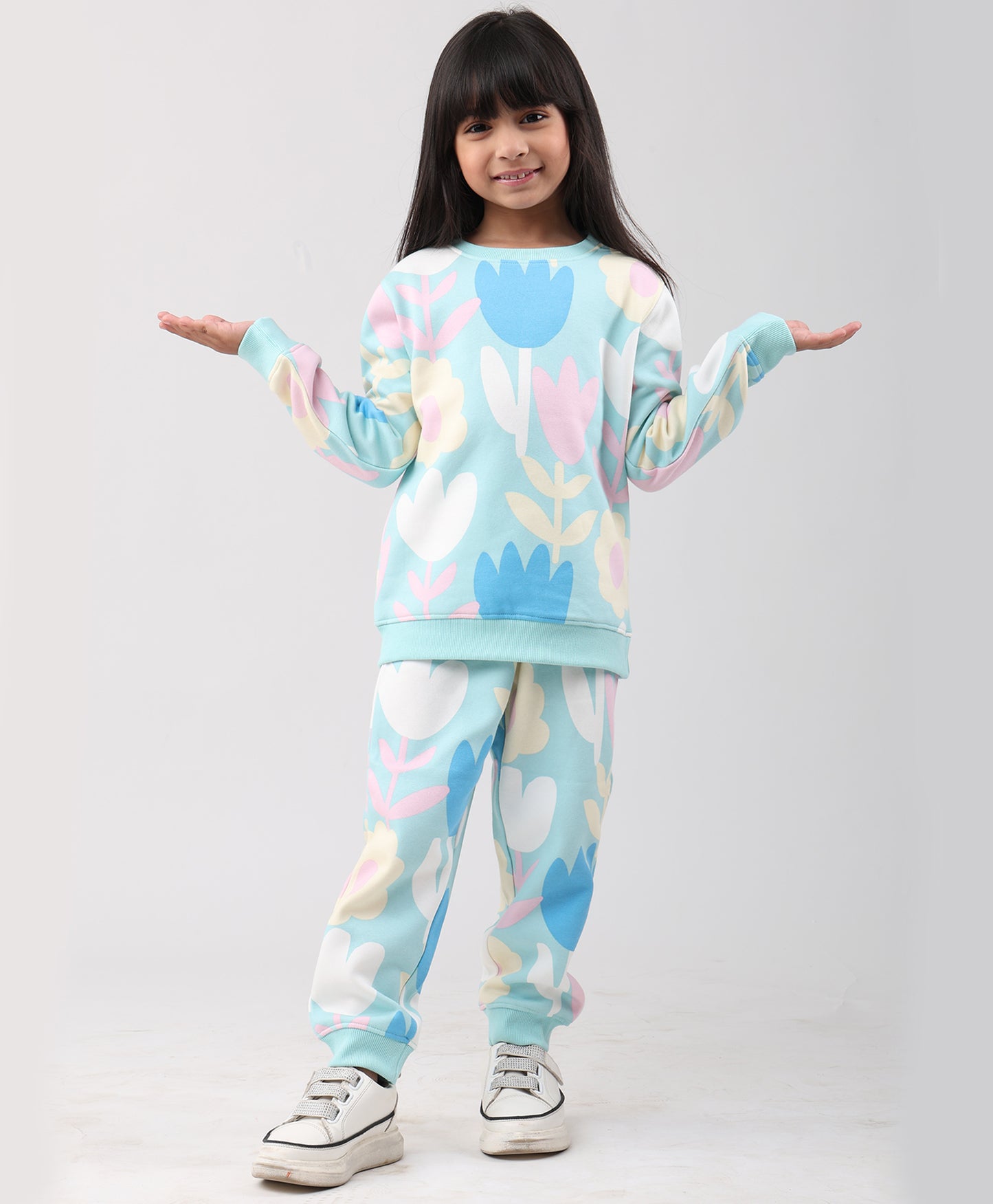 AQUA FLOWER FLEECE GIRLS SWEATSHIRT JOGGER SET - AQUA