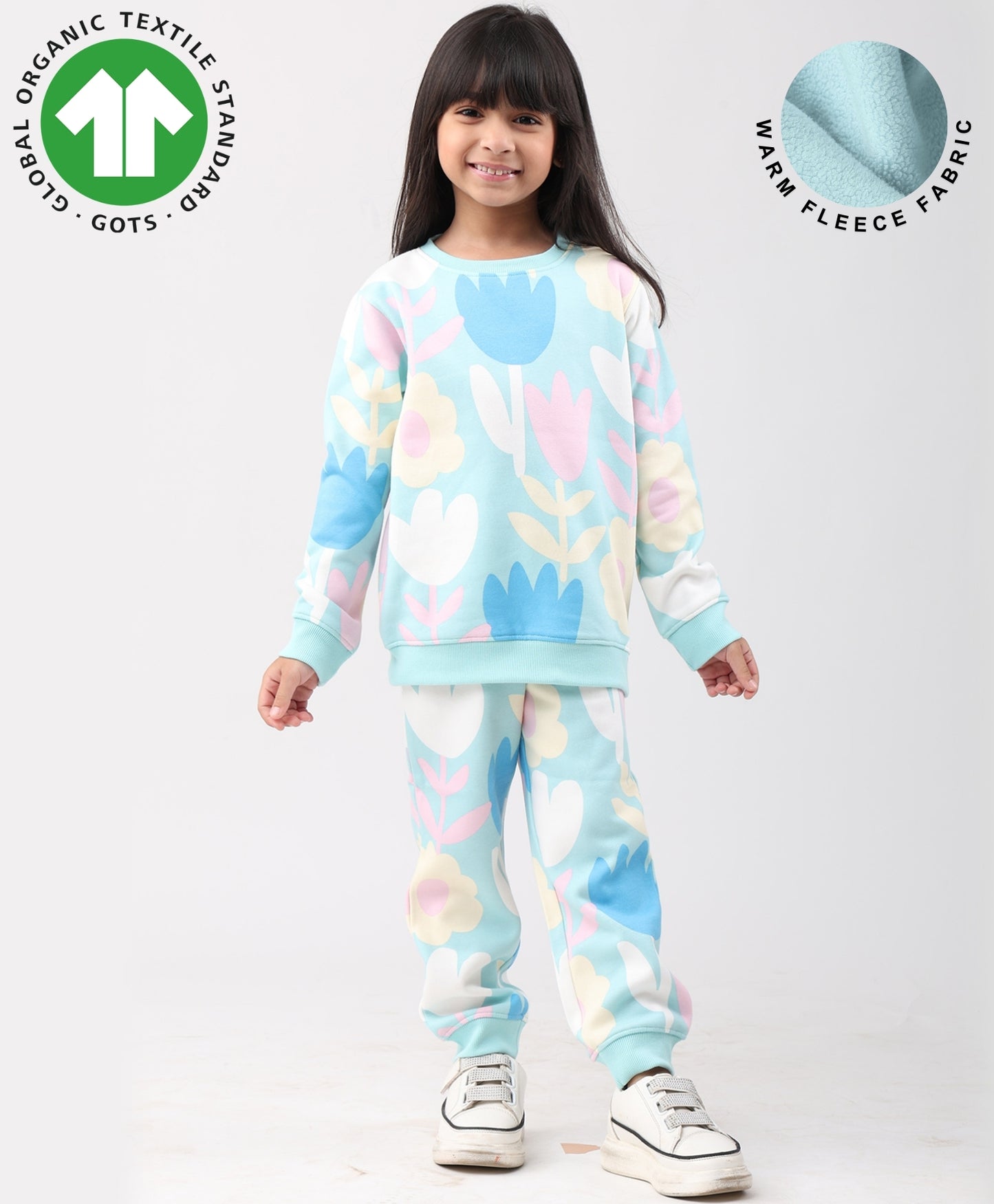 AQUA FLOWER FLEECE GIRLS SWEATSHIRT JOGGER SET - AQUA