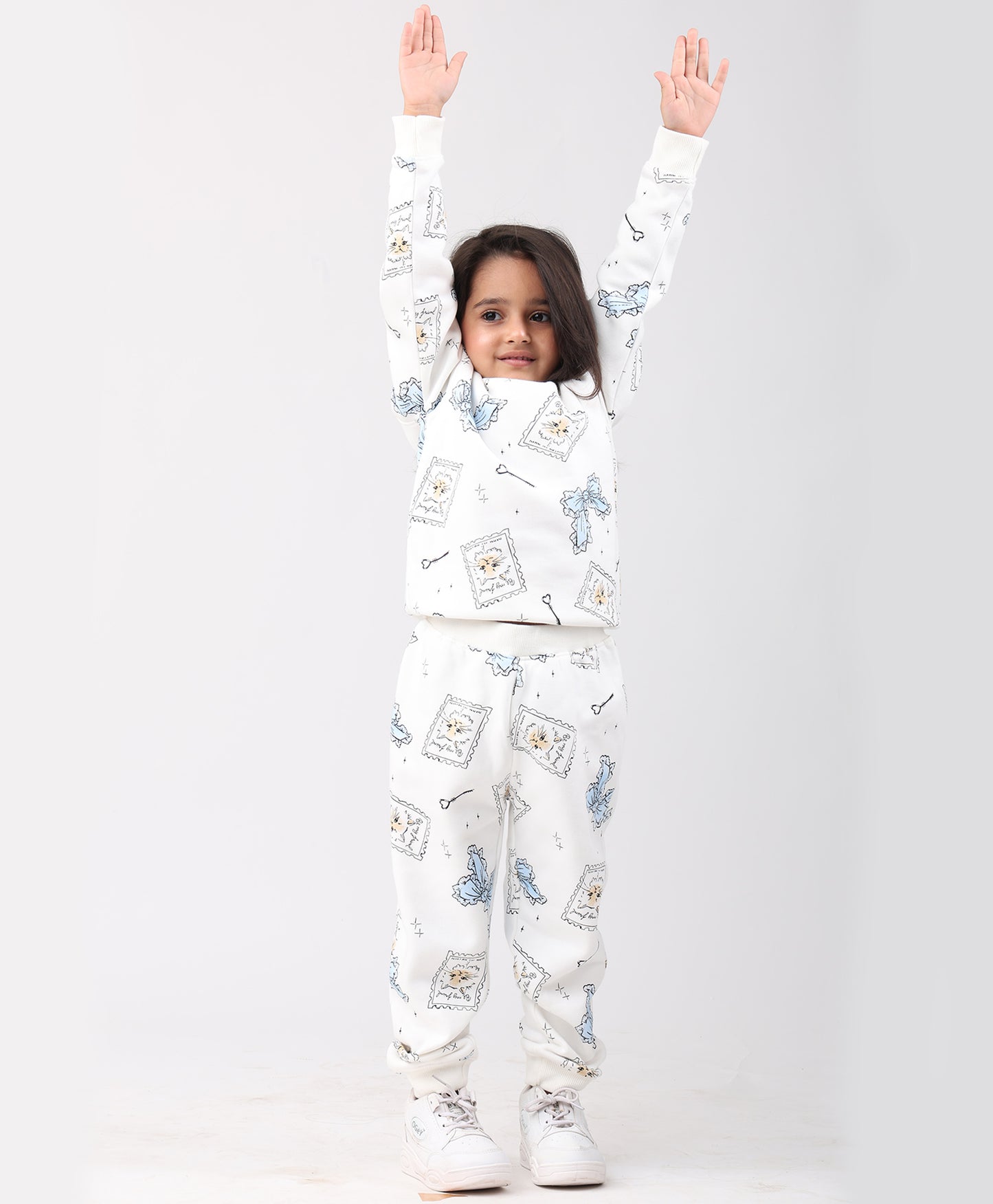 BOW KEY CAT GIRLS FLEECE SWEATSHIRT JOGGER SET - WHITE