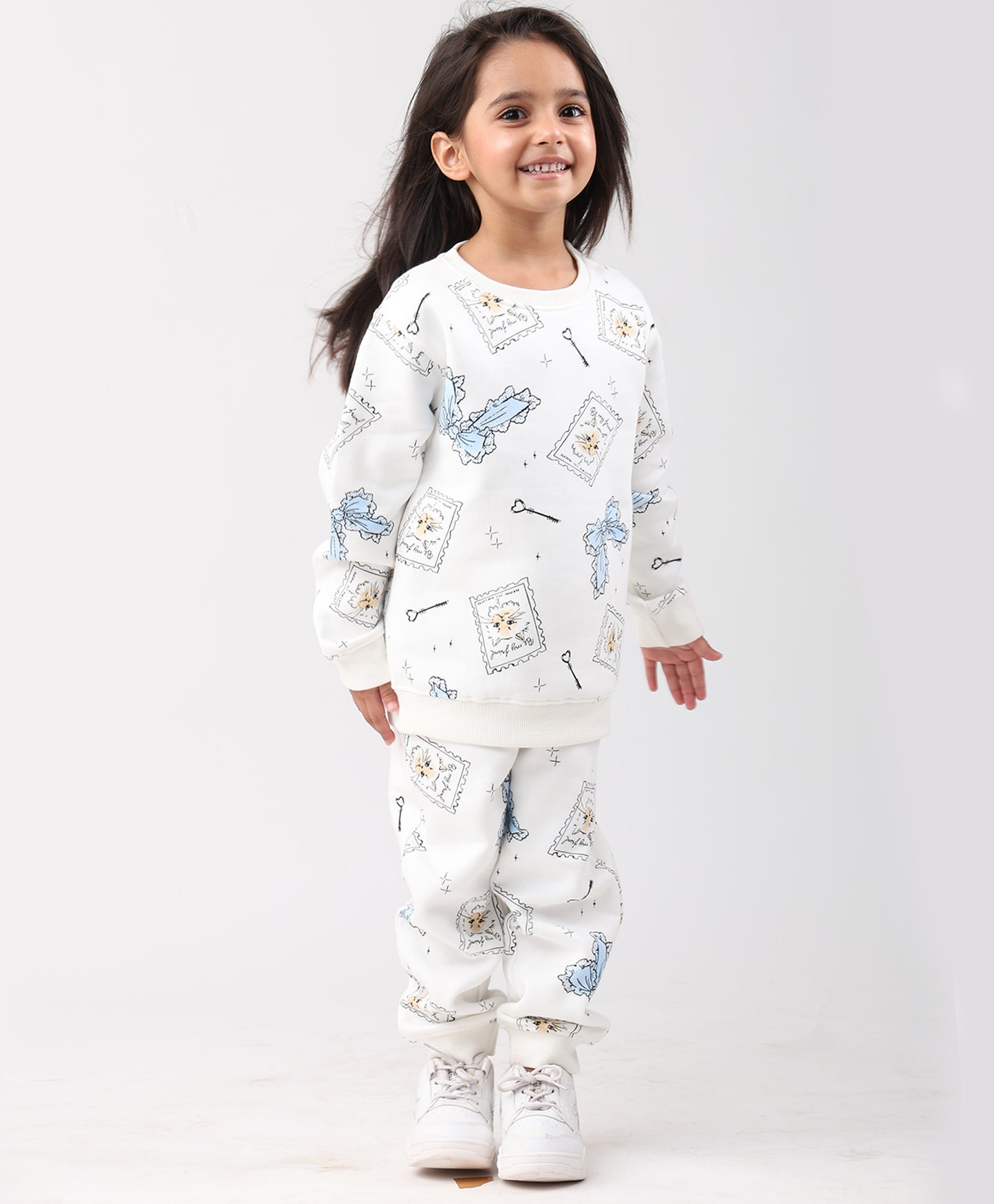 BOW KEY CAT GIRLS FLEECE SWEATSHIRT JOGGER SET - WHITE
