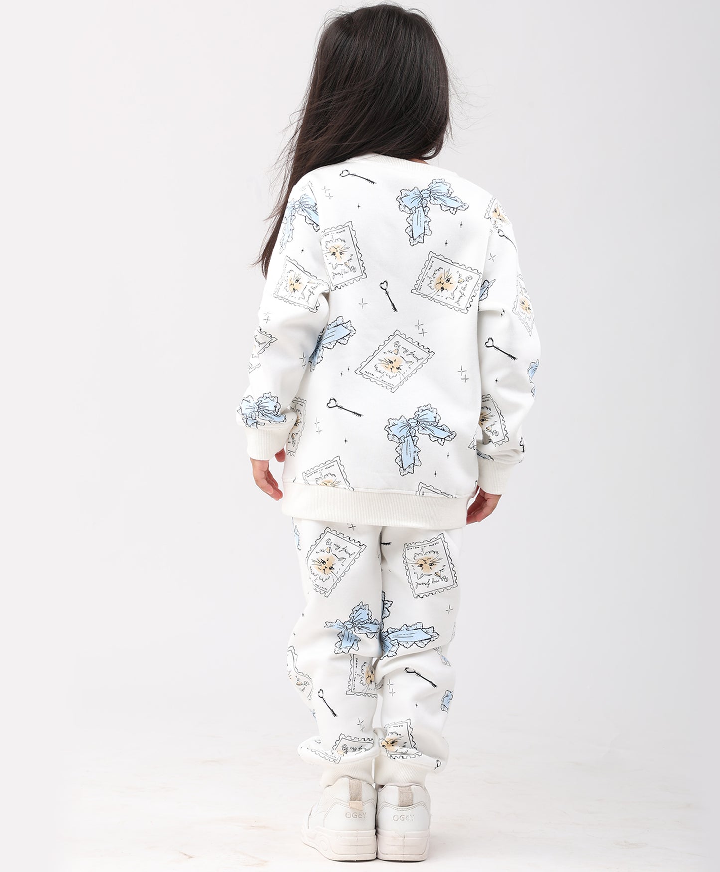 BOW KEY CAT GIRLS FLEECE SWEATSHIRT JOGGER SET - WHITE