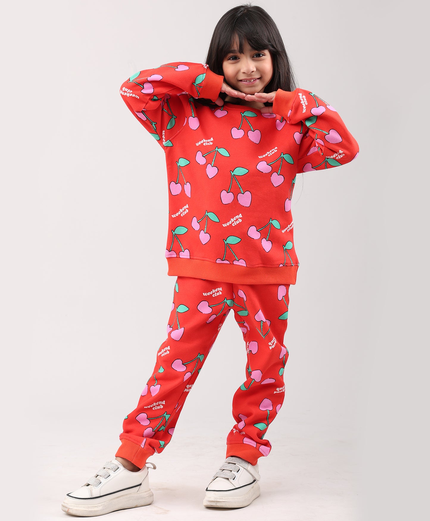 CHERRY RED FLEECE GIRLS SWEATSHIRT JOGGER SET - RED
