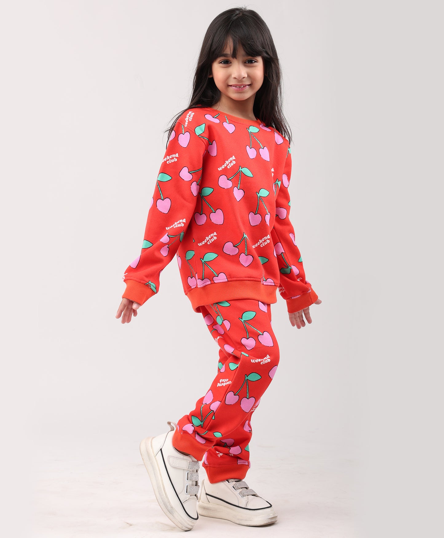 CHERRY RED FLEECE GIRLS SWEATSHIRT JOGGER SET - RED